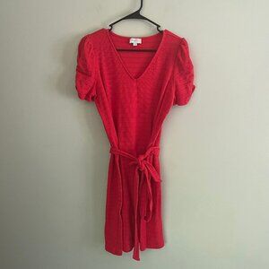 Loft Red Textured Belted Midi Dress SZ S